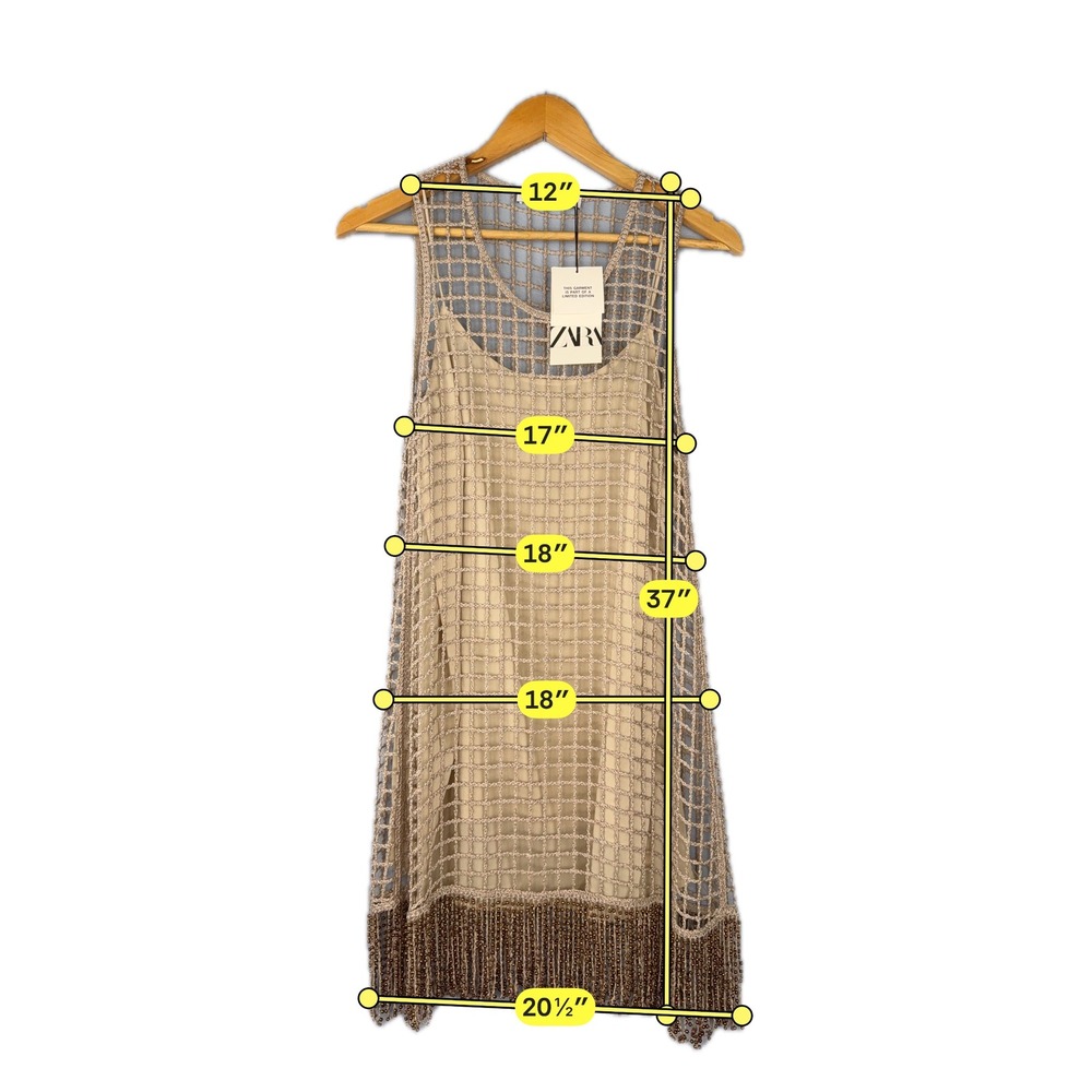 Zara Crochet Dress Womens Small Tan Limited Edition Beaded Fringe Mini 0881/406 - Picture 4 of 10